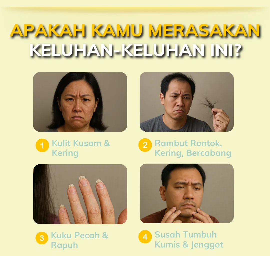 Keluhan kulit kusam, rambut rontok, kuku pecah, susah tumbuh kumis